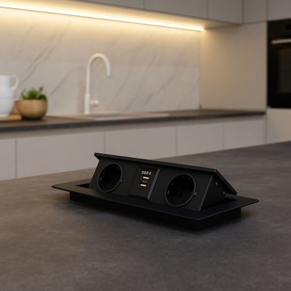 Pneumatska podna izvlačna utičnica 2ŠUKO+2xUSBA+C-CRNA