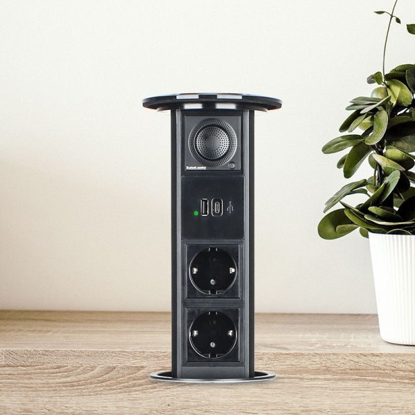 Pneumatska izvlačna utičnica 2EU/2USBA+C/QI/BT - crna