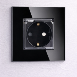 TECH WAVE utičnica sa zaštitom i stakleni okvir- crna (komplet)