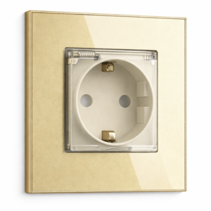 TECH WAVE utičnica sa zaštitom i stakleni okvir- zlatna (komplet)