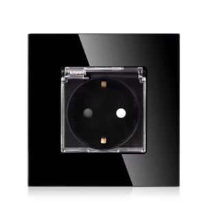 TECH WAVE utičnica sa zaštitom i stakleni okvir- crna (komplet)